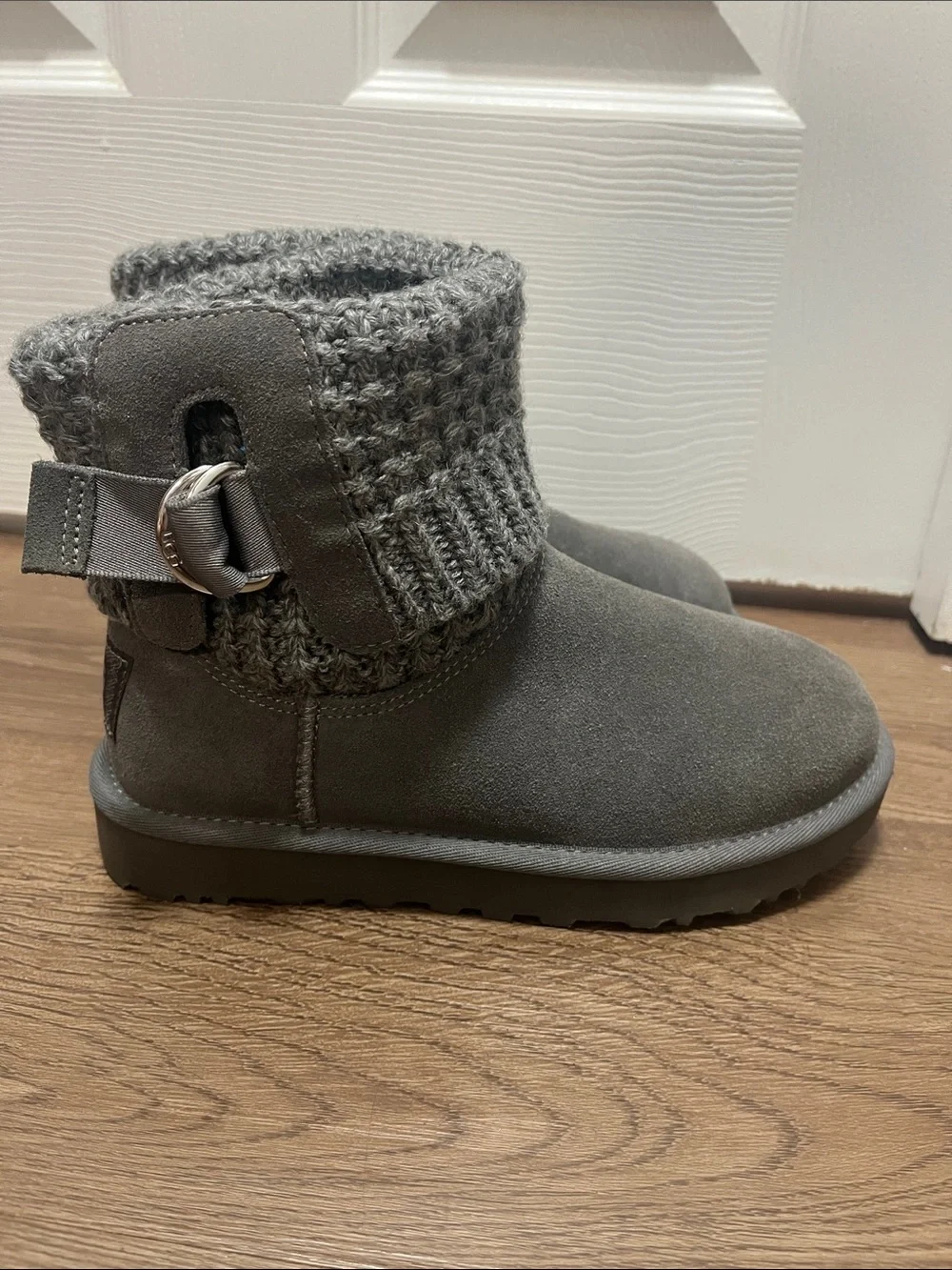 UGG Gray Knit Cuff Suede Ankle Boots